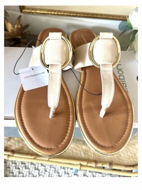 Liz Claiborne size 11 Cream T-Strap Sandals with Gold Accent